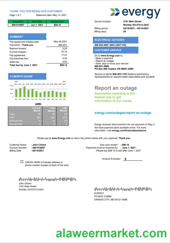 USA Missouri Evergy electricity utility bill template in .doc and .pdf format